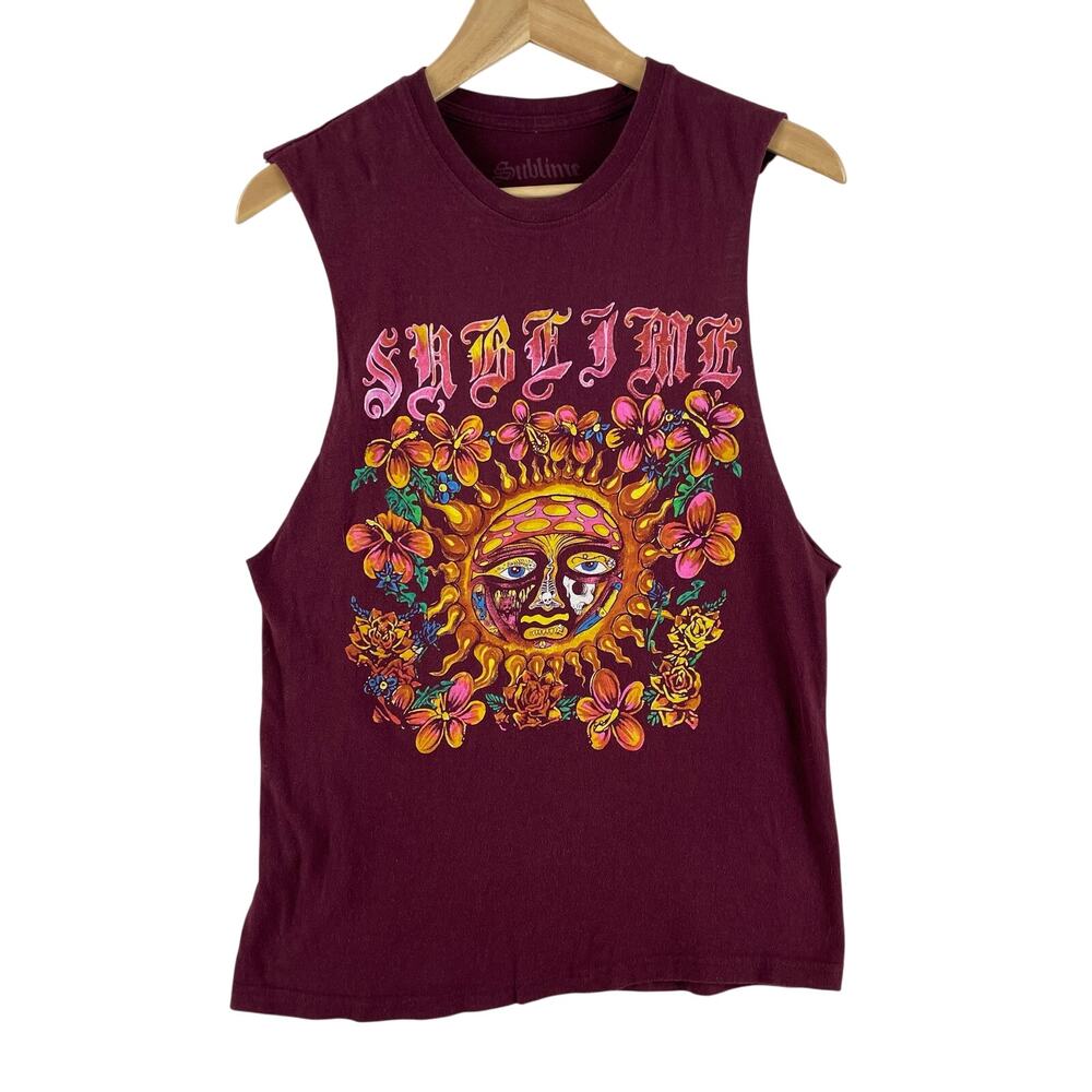 Sublime Womens Sun Logo Floral Muscle Tank SZ M Maroon Cut Off Band Tee